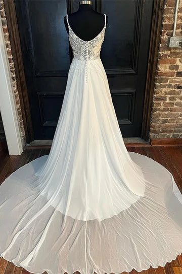 Vestido de novia largo hasta el suelo con escote redondo y encaje floral